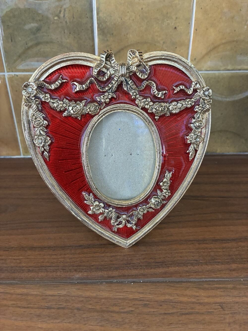 Vintage Terragrafics Heart Shaped Brass Enamel Photo/Picture Frame Red